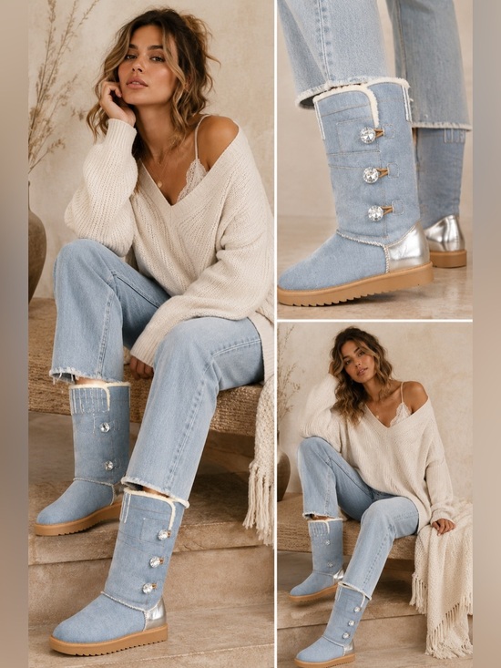 Unbranded Shoes - Fur-Lined Denim Lug Sole Booties Metallic Detail Women’s Size 7